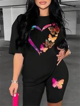 Conjunto De Duas Peças Com Estampa De Borboleta Para Mulheres, Camiseta Curta Básica Confortável E