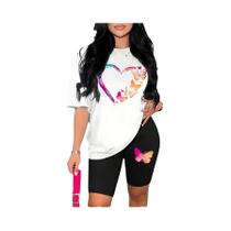 Conjunto De Duas Peças Com Estampa De Borboleta Para Mulheres, Camiseta Curta Básica Confortável E