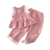 Conjunto De Duas Peças De Imitação De Jeans Azul Para Meninas, Top Sem Mangas, Calças De Perna