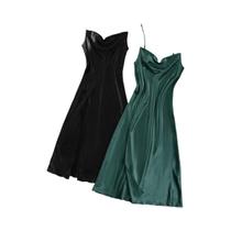 Conjunto De Duas Peças De Pijama De Cetim De Cor Sólida Para Senhoras Com Fenda Lateral Sexy E