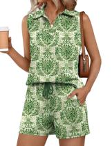 Conjunto de duas peças de short Rapbin para mulheres de verão com decote em V verde