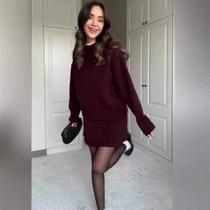 Conjunto De Duas Peças De Tricô Feminino Para Outono/inverno, Suéter De Manga Comprida E Mini Saia,