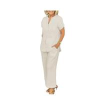 Conjunto De Duas Peças Feminino De Verão Em Algodão E Linho Com Blusa De Decote Em V E Calça De