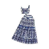 Conjunto de Duas Peças Feminino Vermelho, Azul e Branco - Saia Maxi e Top com Alças Finas