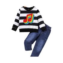 Conjunto De Duas Peças Infantil Unissex Com Camiseta Listrada De Manga Comprida E Calça Jeans Para Conjunto De Duas Peças Infantil Unissex Com Camiseta Listrada De Manga Comprida E Calça Jeans Para