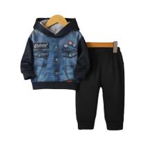 Conjunto De Duas Peças Moderno Para Meninos: Moletom Jeans Estampado E Calça Preta Com Punho, Ideal Conjunto De Duas Peças Moderno Para Meninos: Moletom Jeans Estampado E Calça Preta Com Punho, Ideal