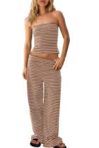 Conjunto de duas peças Panadila feminino listrado de verão, café marrom