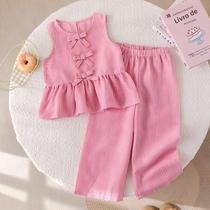 Conjunto De Duas Peças Para Meninas, Colete Sem Mangas Com Listras Rosa E Calça, Estampa De Urso