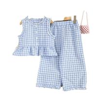 Conjunto De Duas Peças Para Meninas, Com Colete Sem Mangas Em Renda Azul E Branca E Calça De Perna - Bear Leader
