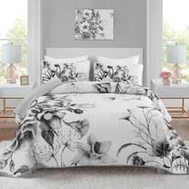 Conjunto de edredões Drucon Floral King Size, microfibra cinza, 3 peças