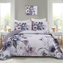 Conjunto de edredões Drucon Purple Floral King Size 3 peças de microfibra