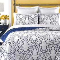 Conjunto de edredões mixinni, reversível, bordado em azul king, algodão, 3 peças