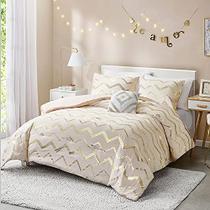 Conjunto de edredom branco e dourado creme CODi para cama Twin/Twin XL, lindos conjuntos de cama marfim metálico, 3 peças (1 farsa combinando +1 travesseiro decorativo)