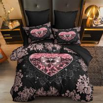 Conjunto de edredom Coutuechen Black Pink Heart Queen 3 peças Conjunto de edredom Coutuechen Black Pink Heart Queen 3 peças
