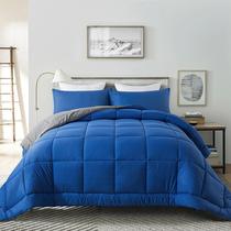 Conjunto de edredom DOWNCOOL azul/cinza, tamanho completo, 3 peças