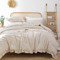 Conjunto de edredom JANZAA Queen Size Bege com babado, 3 peças com fronhas