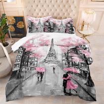 Conjunto de edredom kxry Pink Paris Eiffel Tower Queen com 1 edredom e 2 fronhas Conjunto de edredom kxry Pink Paris Eiffel Tower Queen com 1 edredom e 2 fronhas