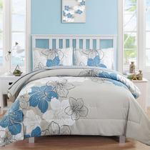 Conjunto de edredom Luxudecor Floral Queen Size Blue 7 peças Conjunto de edredom Luxudecor Floral Queen Size Blue 7 peças