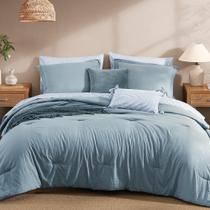 Conjunto de edredom Monbix Queen Dusty Blue, pré-lavado, 7 peças