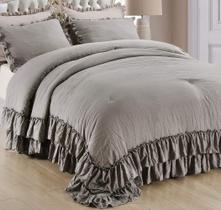 Conjunto de edredom QSH Shabby Grey Ruffled Chic Queen Size