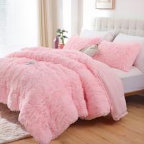 Conjunto de edredom Smoofy Fluffy Faux Fur Pink Queen Size, 3 unidades