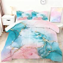 Conjunto de edredom VTKON Pink Teal Marble Twin Size com 1 edredom Conjunto de edredom VTKON Pink Teal Marble Twin Size com 1 edredom