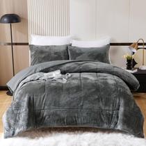 Conjunto de edredom YIYEA Faux Fur King Size 3 peças cinza