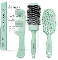 Conjunto de escovas de cabelo Fiora Naturals Detangler, escova redonda e pente Conjunto de escovas de cabelo Fiora Naturals Detangler, escova redonda e pente