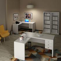 Conjunto de Escritório com 2 Estantes 5 Prateleiras e 2 Mesas com Apoio Lateral 3 Gavetas MDP Branco Tecnomobili Cor:Bra