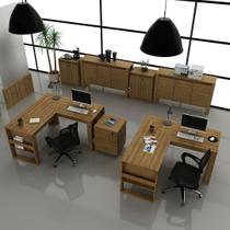 Conjunto de Escritório com 2 Mesas, 2 Balcões, 1 Gaveteiro e 2 Balcões com 1 Prateleira 2 Portas MDP Amêndoa Tecnomobili