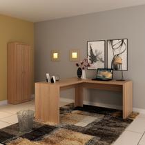 Conjunto de Escritório com Armário 2 Portas 5 Prateleiras e Mesa Angular em L 157,3cm MDP Amêndoa Tecnomobili