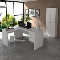 Conjunto de Escritório com Armário 2 Portas 5 Prateleiras e Mesa com Apoio Lateral 3 Gavetas MDP Branco Tecnomobili Conjunto de Escritório com Armário 2 Portas 5 Prateleiras e Mesa com Apoio Lateral 3 Gavetas MDP Branco Tecnomobili