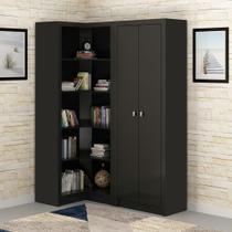 Conjunto de Escritório com Armário 2 Portas e Armário de Canto Aberto com 6 Prateleiras MDP Preto Tecnomobili