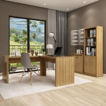 Conjunto de Escritório com Armário 2 Portas, Mesa Angular em L 157,3cm e Balcão 2 Portas MDP Amêndoa Tecnomobili Cor:A