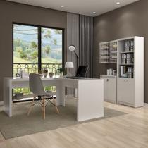 Conjunto de Escritório com Armário 2 Portas, Mesa Angular em L 157,3cm e Balcão 2 Portas MDP Branco Tecnomobili Conjunto de Escritório com Armário 2 Portas, Mesa Angular em L 157,3cm e Balcão 2 Portas MDP Branco Tecnomobili