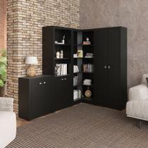 Conjunto de Escritório com Balcão, 2 Armários 2 Portas, 1 Armário de Canto Aberto MDP Preto Tecnomobili