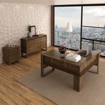 Conjunto de Escritório com Balcão 3 portas, Gaveteiros e Mesa 136cm em L com Detalhe Ripado MDP Branco Tecnomobili