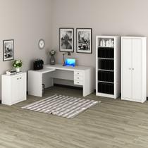 Conjunto de Escritório com Balcão, Estante 5 Prateleiras, Armário 2 Portas e Mesa 3 Gavetas MDP Branco Tecnomobili