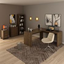 Conjunto de Escritório com Balcão, Estante, Gaveteiro e Mesa Angular em L 157,3cm MDP Nogal Tecnomobili