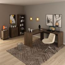 Conjunto de Escritório com Balcão, Estante, Gaveteiro e Mesa Angular em L 157,3cm MDP Rústico Tecnomobili