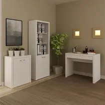 Conjunto de Escritório com Balcão, Mesa 1 Gaveta e Armário Alto com 2 Portas e 5 Prateleiras MDP Branco Tecnomobili