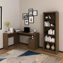 Conjunto de Escritório com Estante 5 Prateleiras e Mesa 138,5cm Formato em L com 2 Gavetas MDP Nogal Tecnomobili Conjunto de Escritório com Estante 5 Prateleiras e Mesa 138,5cm Formato em L com 2 Gavetas MDP Nogal Tecnomobili