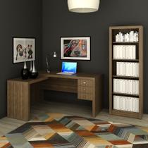Conjunto de Escritório com Estante 5 Prateleiras e Mesa com Apoio Lateral 3 Gavetas 158cm MDP Amêndoa Tecnomobili