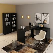 Conjunto de Escritório com Estante, Armário Alto com 2 Portas e Mesa Angular em L 157,3cm MDP Preto Tecnomobili