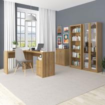 Conjunto de Escritório com Estante, Armário, Mesa 138,5cm Formato em L e Balcão 2 Portas MDP Amêndoa Tecnomobili