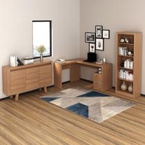 Conjunto de Escritório com Estante, Balcão 3 portas e Mesa 138,5cm Formato em L 2 Gavetas MDP Amêndoa Tecnomobili
