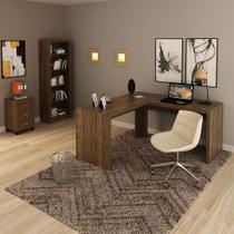 Conjunto de Escritório com Estante, Gaveteiro 3 Gavetas e Mesa para Angular em L 157,3cm MDP Nogal Tecnomobili