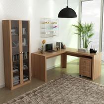 Conjunto de Escritório com Gaveteiro, Armário com 2 Portas de Vidro e Mesa Angular em L MDP Amêndoa Tecnomobili