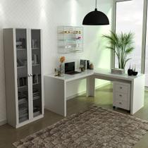 Conjunto de Escritório com Gaveteiro, Armário com 2 Portas de Vidro e Mesa Angular em L MDP Branco Tecnomobili Conjunto de Escritório com Gaveteiro, Armário com 2 Portas de Vidro e Mesa Angular em L MDP Branco Tecnomobili