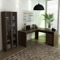Conjunto de Escritório com Gaveteiro, Armário com 2 Portas de Vidro e Mesa Angular em L MDP Nogal Tecnomobili